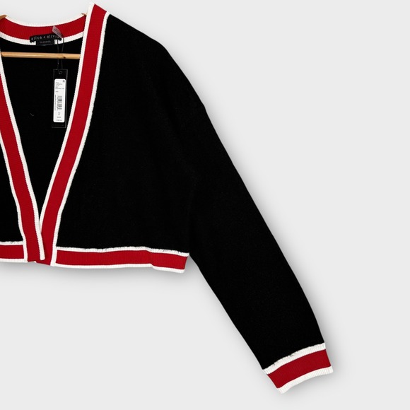 Alice + Olivia Women's Juana Tipped Stripe Crop‎ Cardigan Black/ Red Size XL NEW - Picture 8 of 14